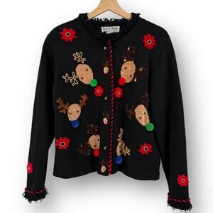 Jack B Quick Reindeer Christmas Cardigan Sweater Sz Medium Pom Pom Jingle Bells